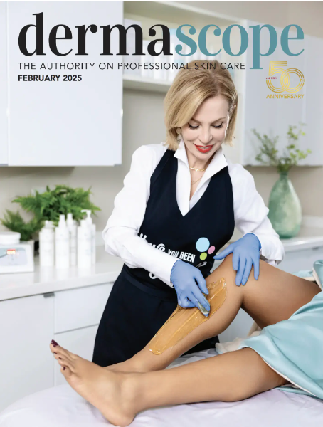 Dermascope Magazine cover from February 2025 with a picture of Lina Kennedy sugaring a leg.