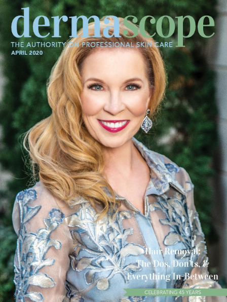 Cover of Dermascope Magazine April 2020 with Lina Kennedy on the cover in a blue dress