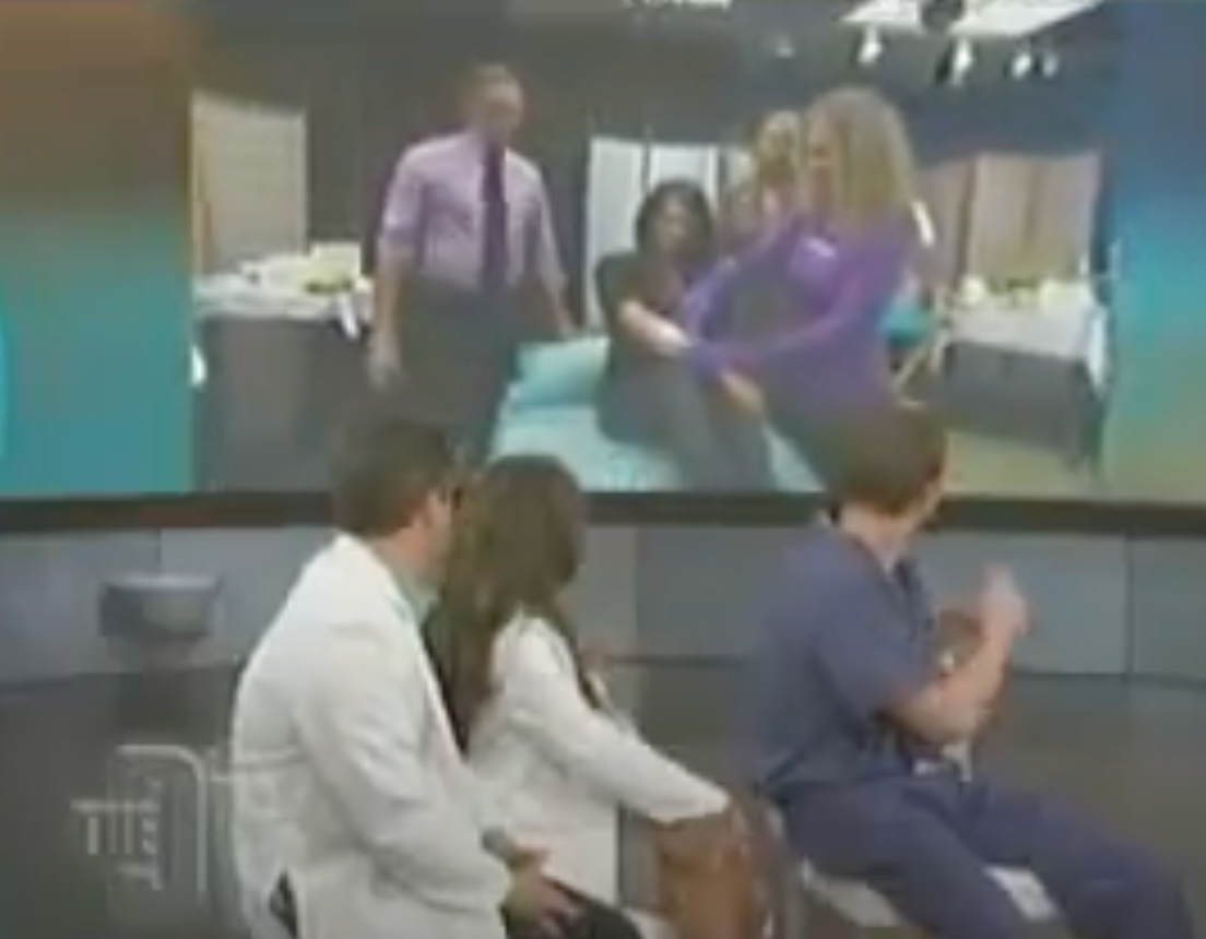 screenshot of Lina in a purple shirt sugaring on The Doctors TV show